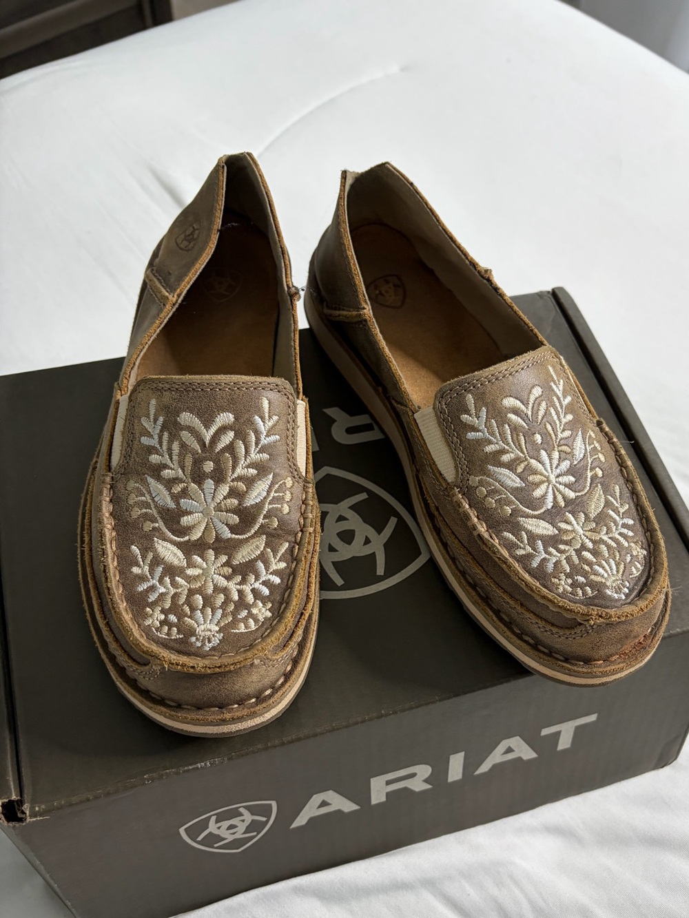 Ariat Tan Embroidered Slip-On Loafers